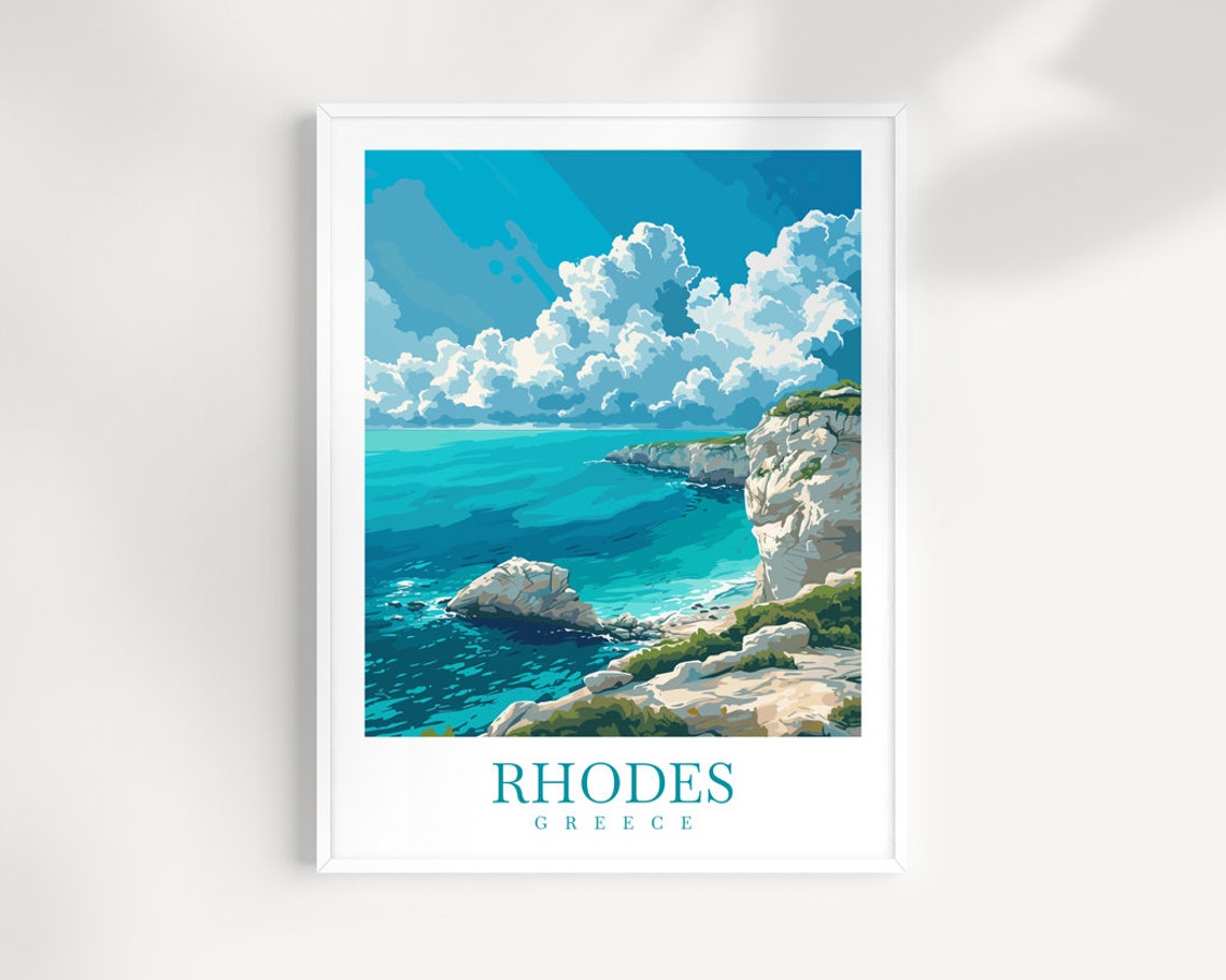 Rhodes Greece Rocky Coastline White Cliffs Aegean Travel Poster