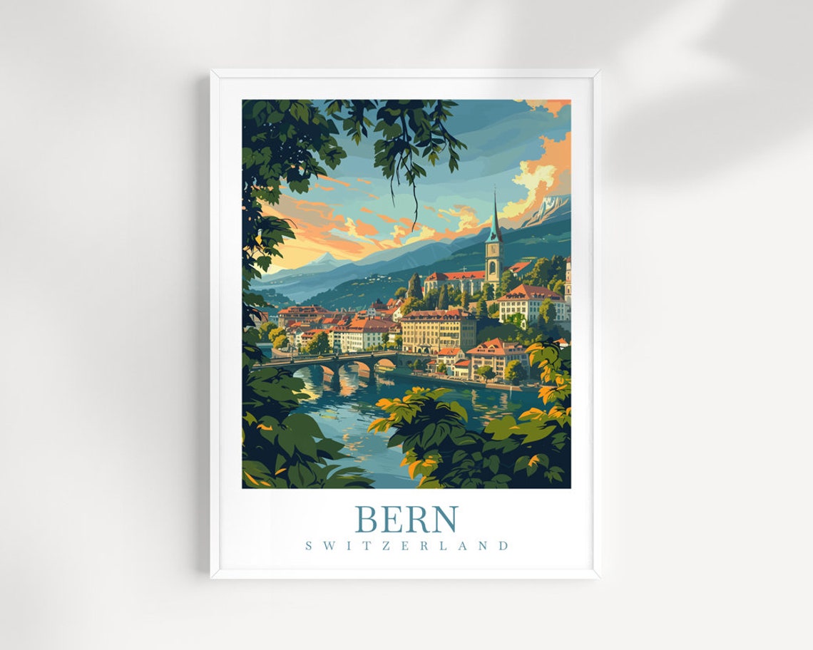 Bern Switzerland Old Town River Bridge Church Spire Travel Poster