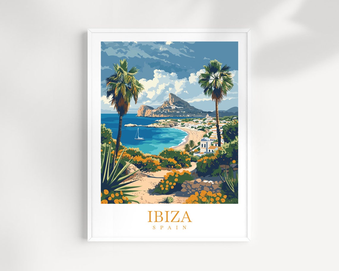 Ibiza Beach With Palm Trees And Es Vedra Rock Spain Travel Poster