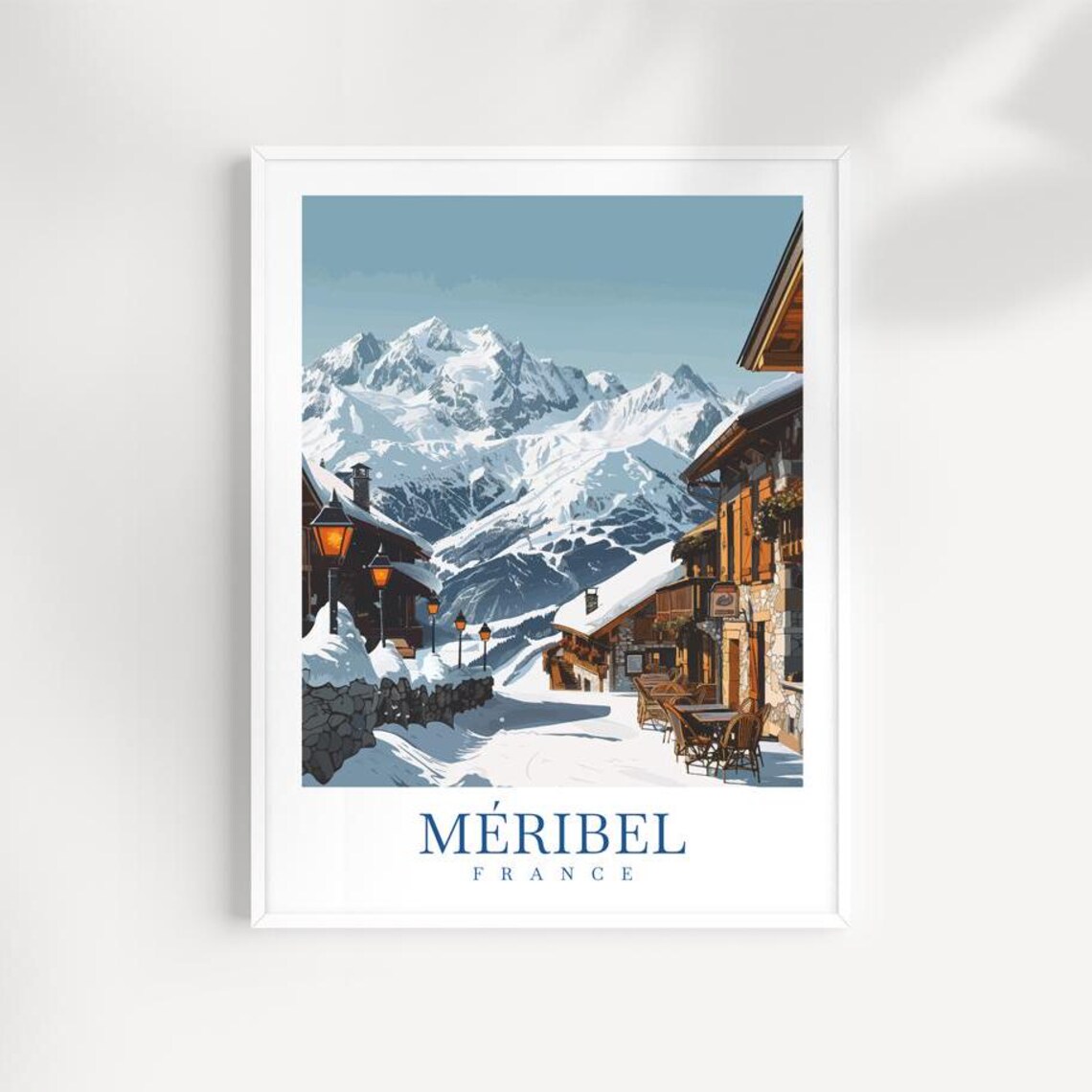 Meribel France Winter Evening Street Snowy Village Travel Poster