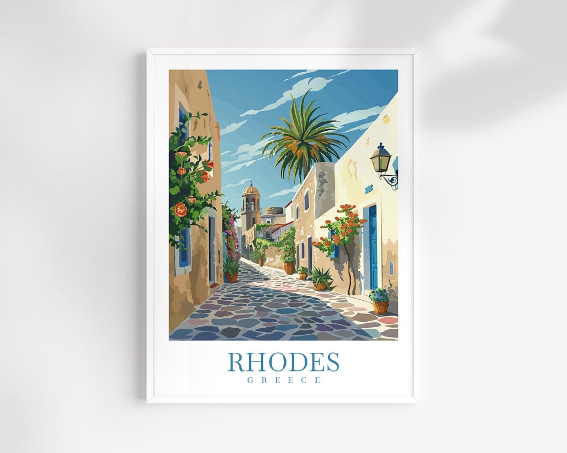 Rhodes Greece Old Town Cobblestone Street Palm Travel Poster