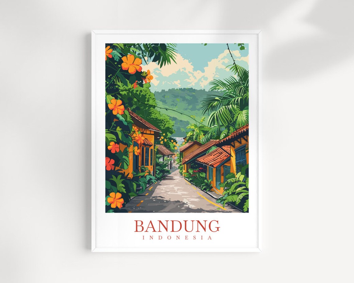 Bandung Indonesia Tropical Flower Lane Red Roof Vintage Travel Poster