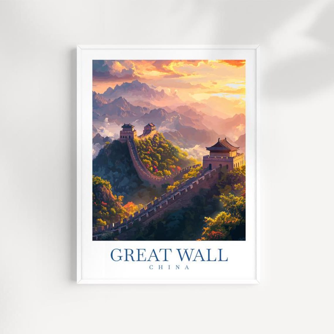 Great Wall of China Travel Poster Mountain Sunrise Watchtowers Landmark Art