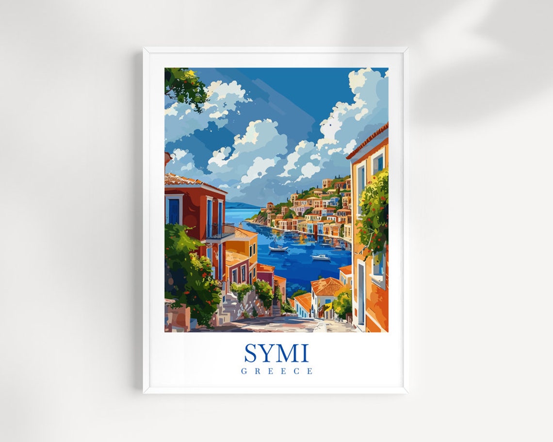 Symi Greece Travel Poster - Colorful Neoclassical Harbour Street Scene