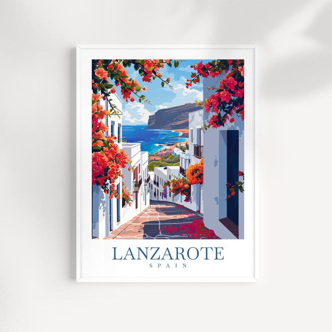 Lanzarote Spain Whitewashed Village Street Ocean View Travel Poster