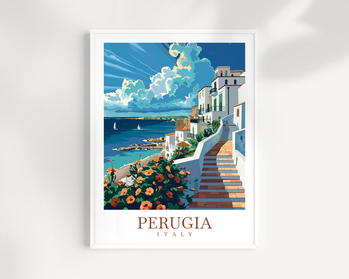 Perugia Italy Labeled Coastal Stairs and Sailboat Bay Art Print