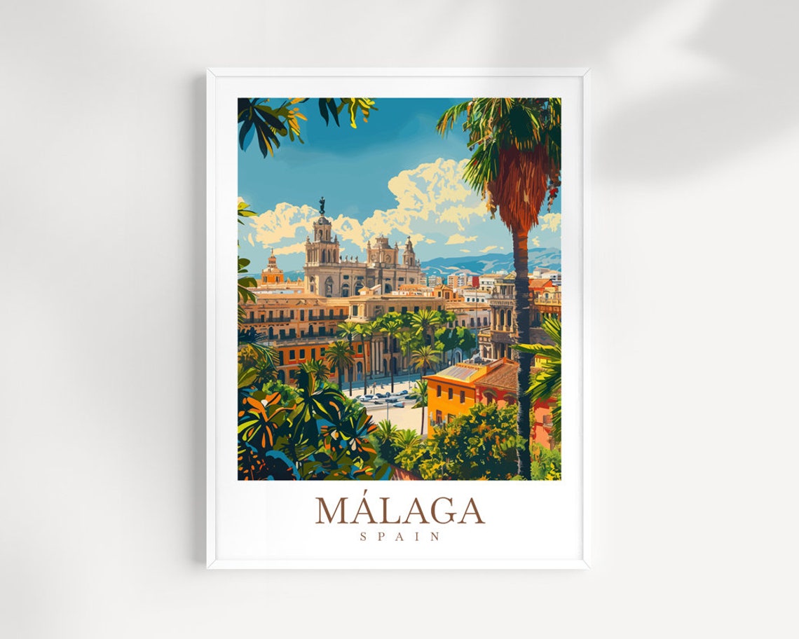 Malaga Spain Cathedral Palms City View Sunny Travel Wall Poster