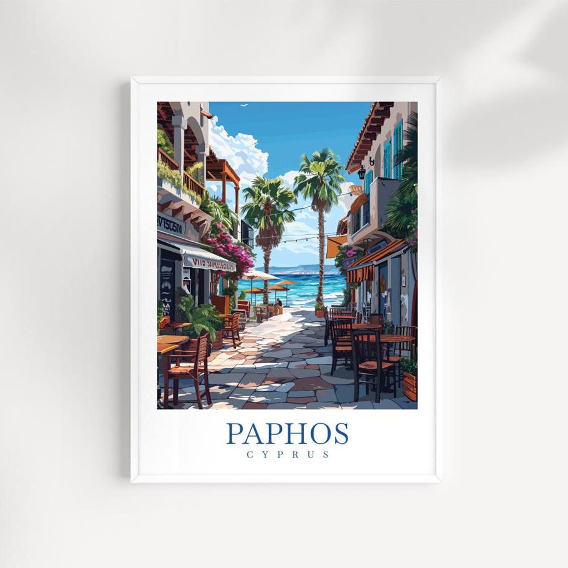 Paphos Cyprus Seaside Cafe Street With Palm Trees Travel Poster