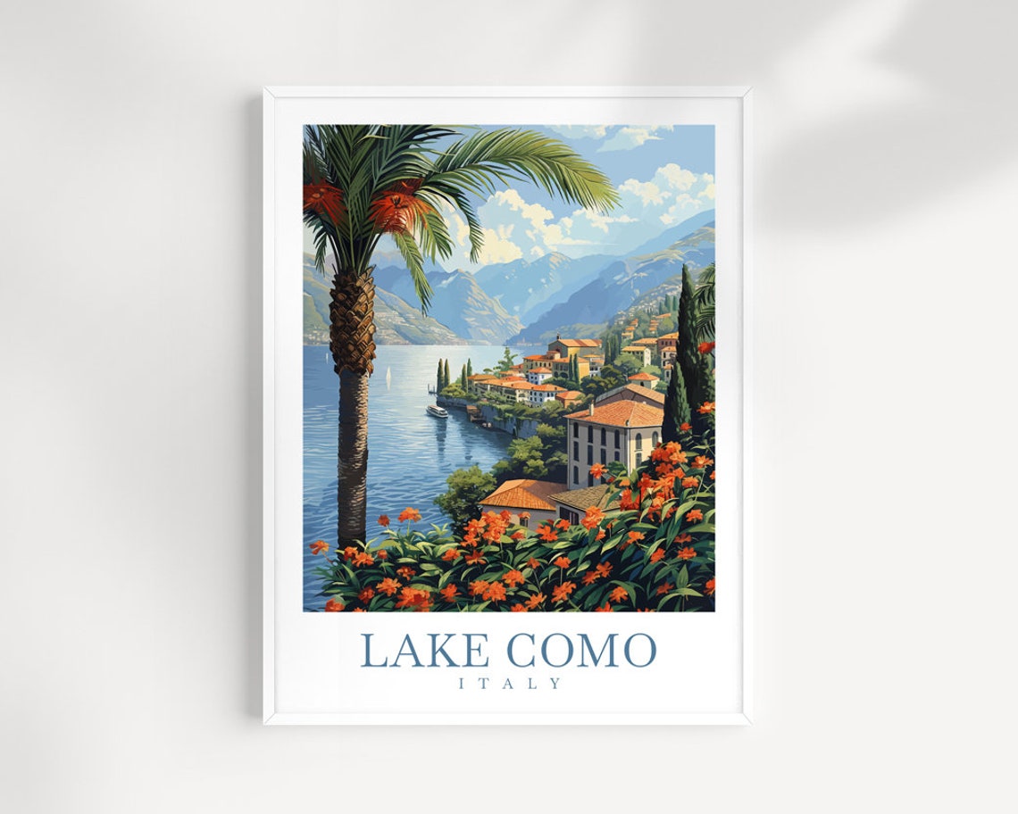 Lake Como Italy Palm Trees Flowering Gardens Lakeside Travel Poster