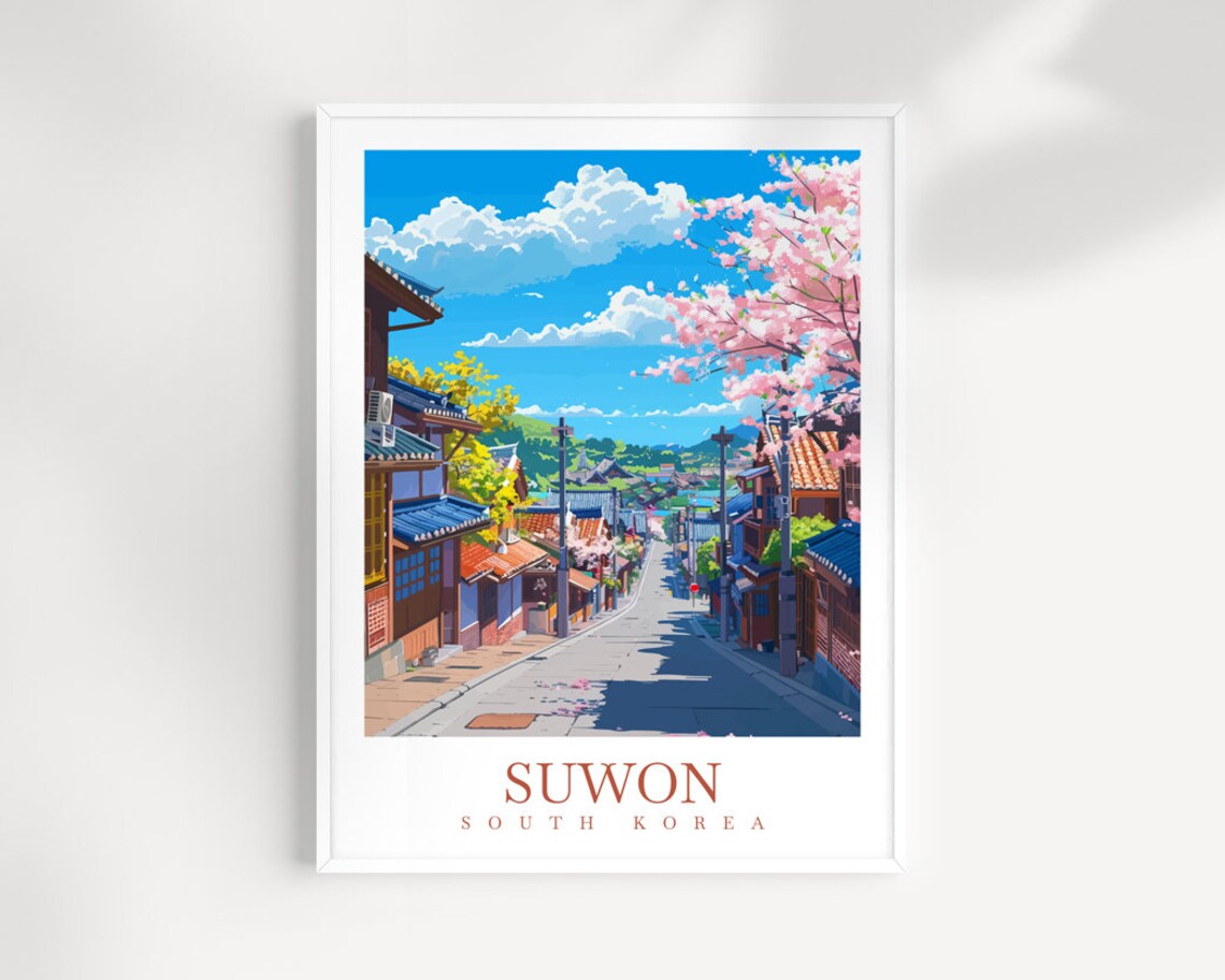 Suwon South Korea Cherry Blossom Old Street Vintage Travel Poster
