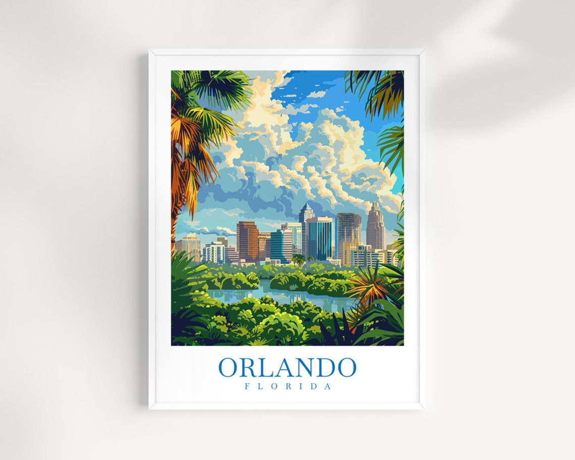 Orlando Florida Skyline Palm Trees Sunny Day City Travel Poster