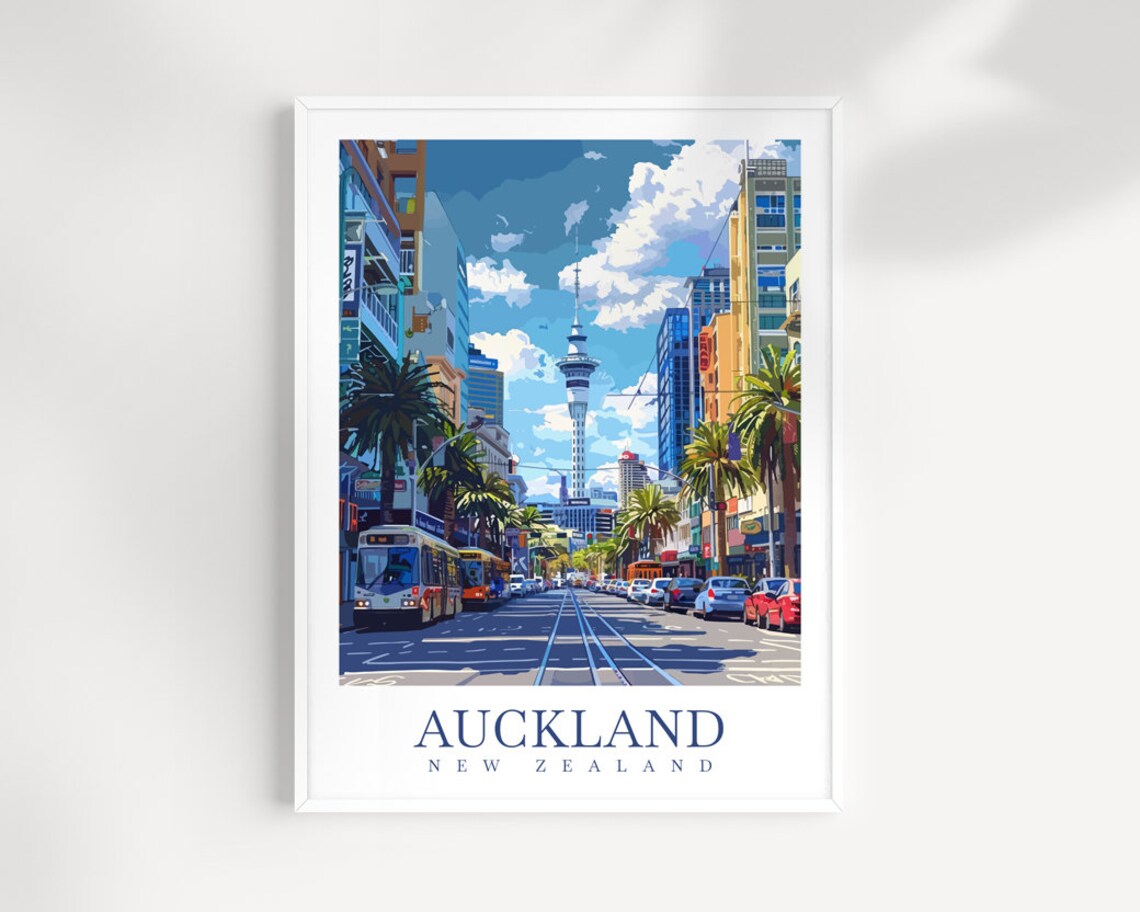 Auckland New Zealand City Street Sky Tower Retro Travel Art Poster