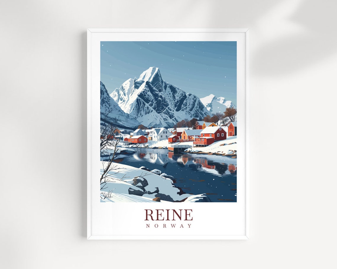 Reine Norway Snowy Red Cabins Mountain Reflection Winter Travel Poster