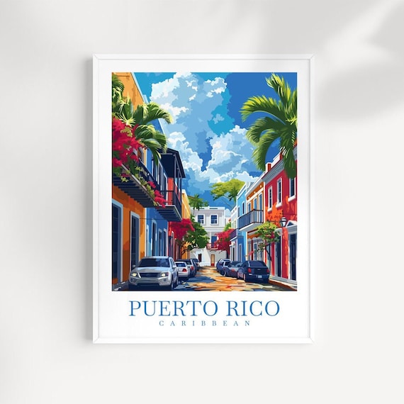 Puerto Rico Caribbean Colorful Colonial Street Travel Poster