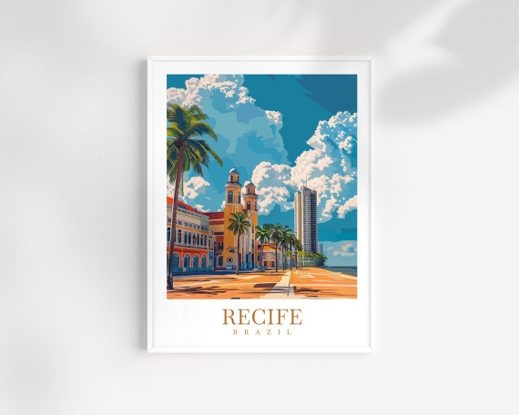 Recife Brazil Historic Colonial Church Square Palm Trees Travel Poster