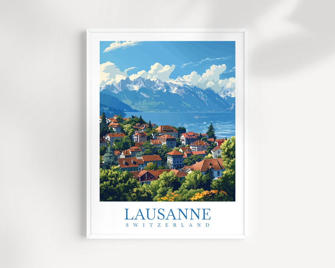 Lausanne Switzerland Lakeside Town Alpine Peaks Travel Poster