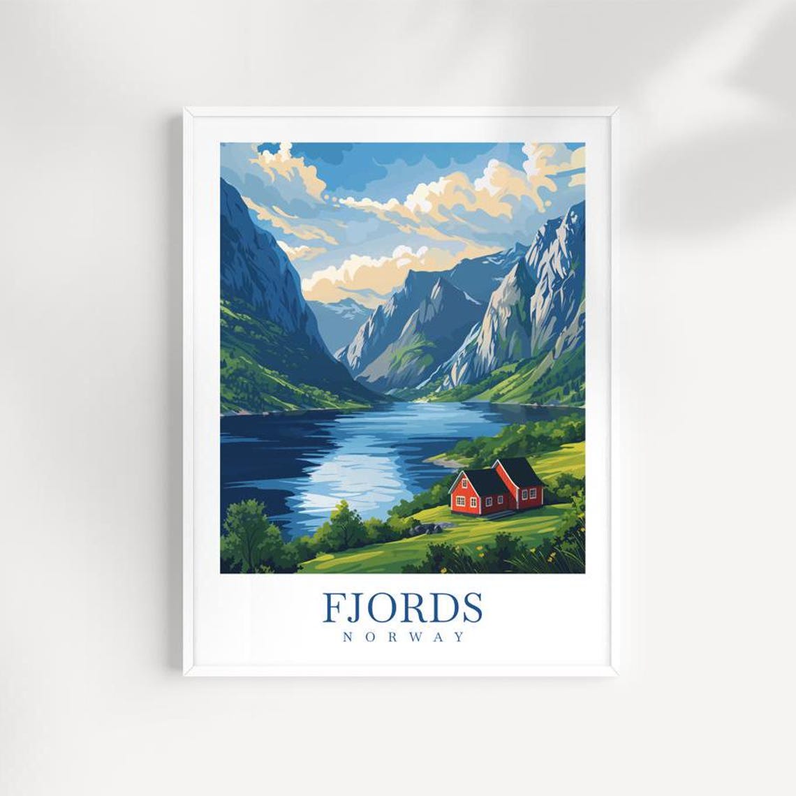 Fjords Norway Red Cabins Lakeside Mountain Illustration Poster