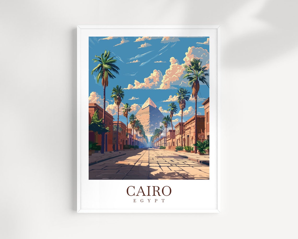 Cairo Egypt Street Lined With Palms Leading To The Pyramids Poster