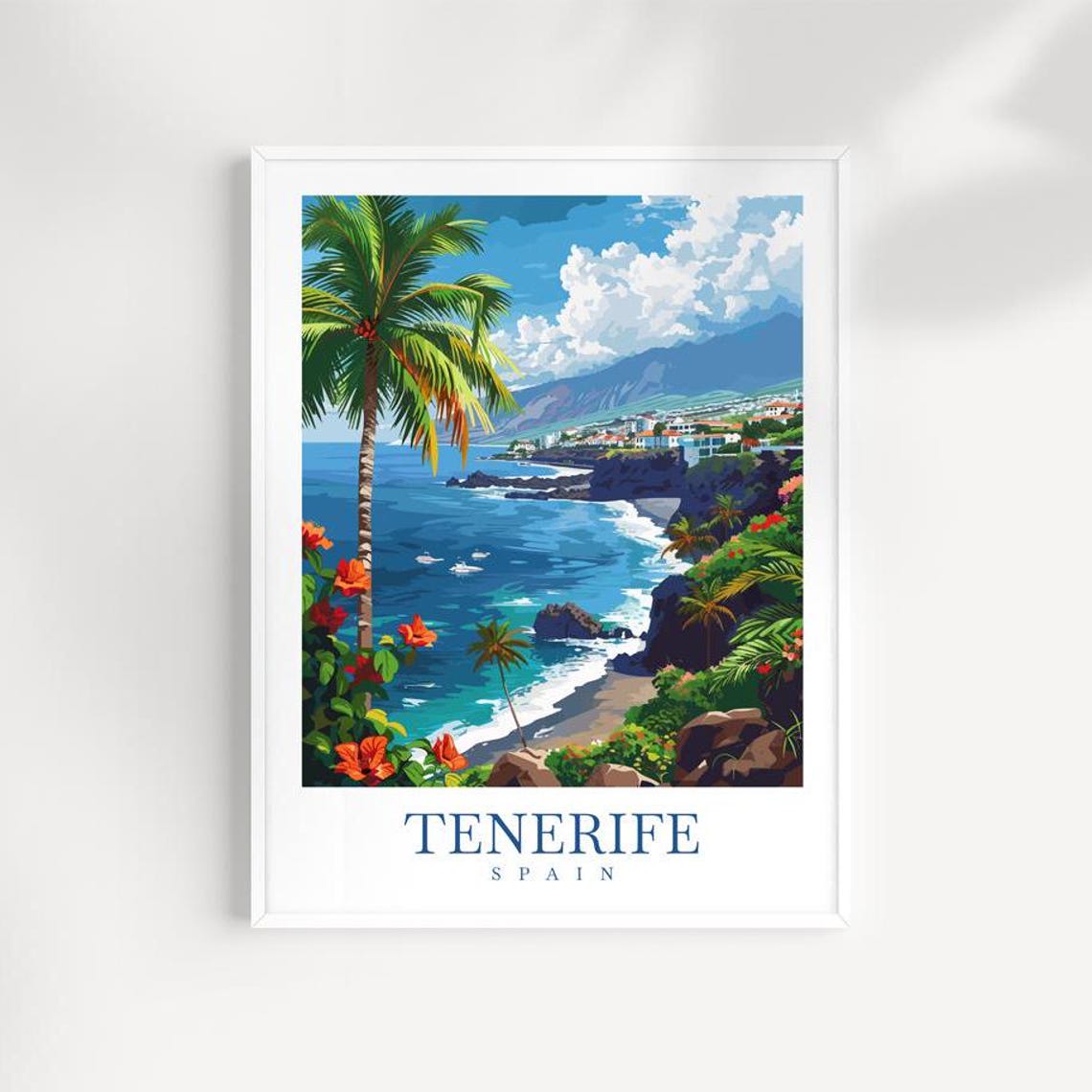 Tenerife Spain Volcanic Coast Palm Tree Ocean Overlook Travel Poster