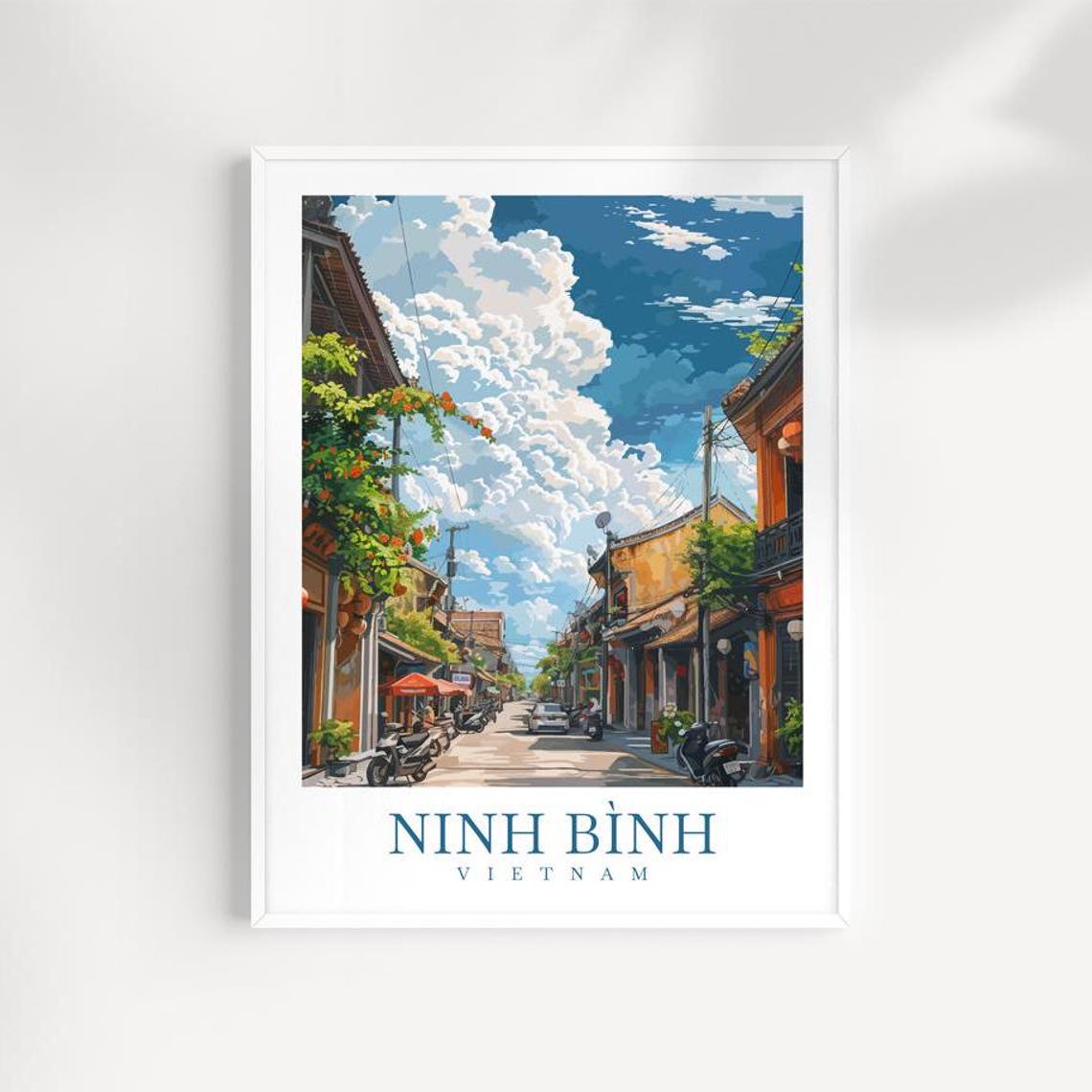 Ninh Binh Vietnam Sunny Old Town Street Motorbike Scene Poster