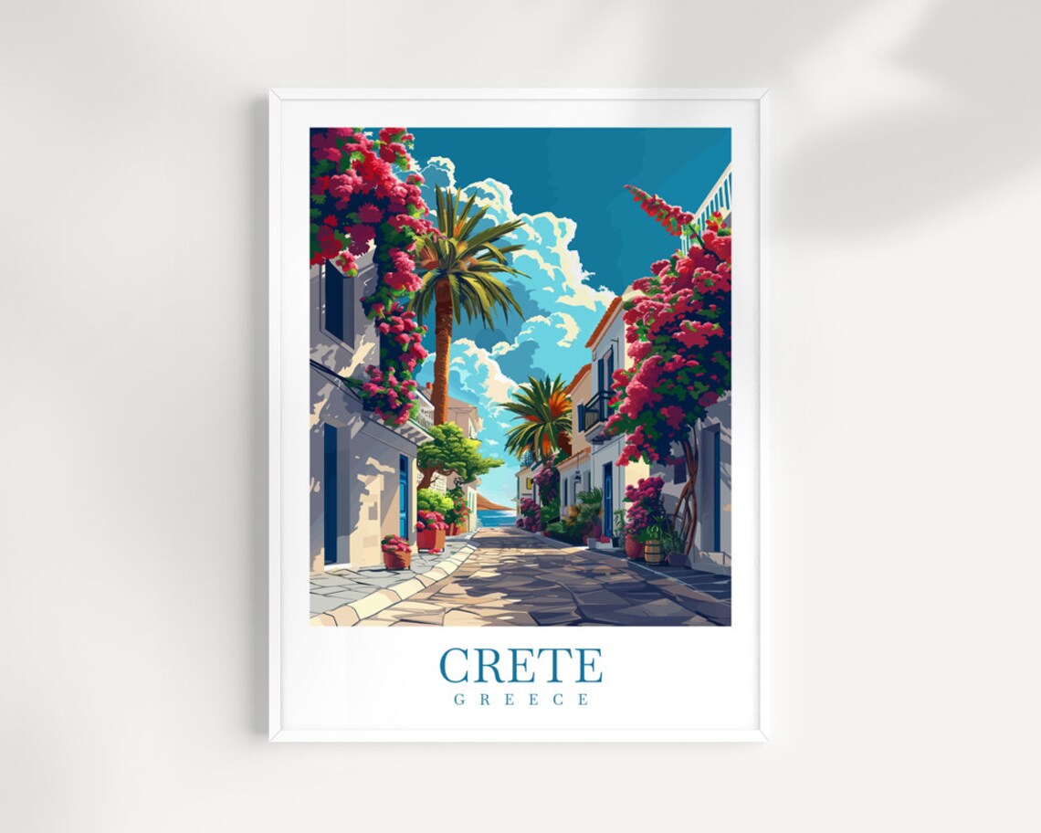 Crete Greece Bougainvillea Flower Street Palm Trees Travel Poster