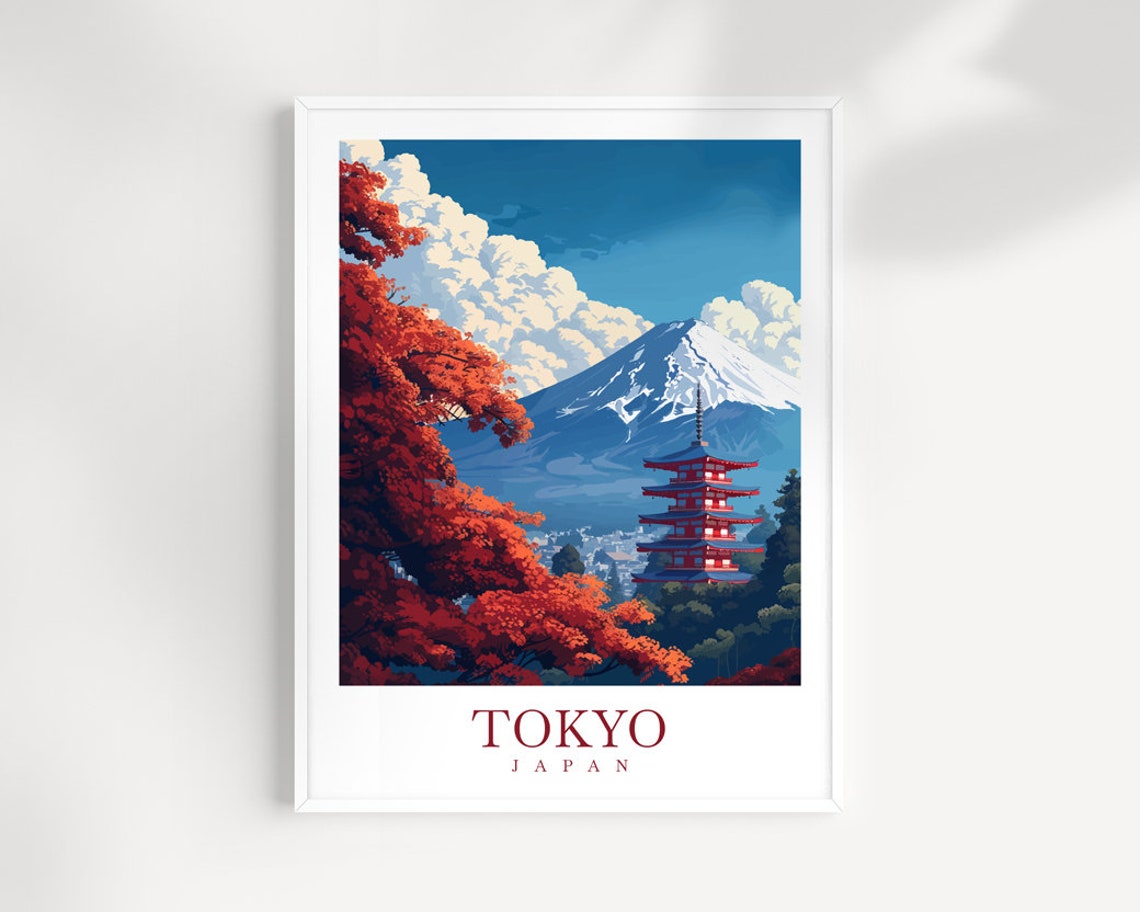 Tokyo Japan Mount Fuji Five Story Pagoda Autumn Maple Travel Poster