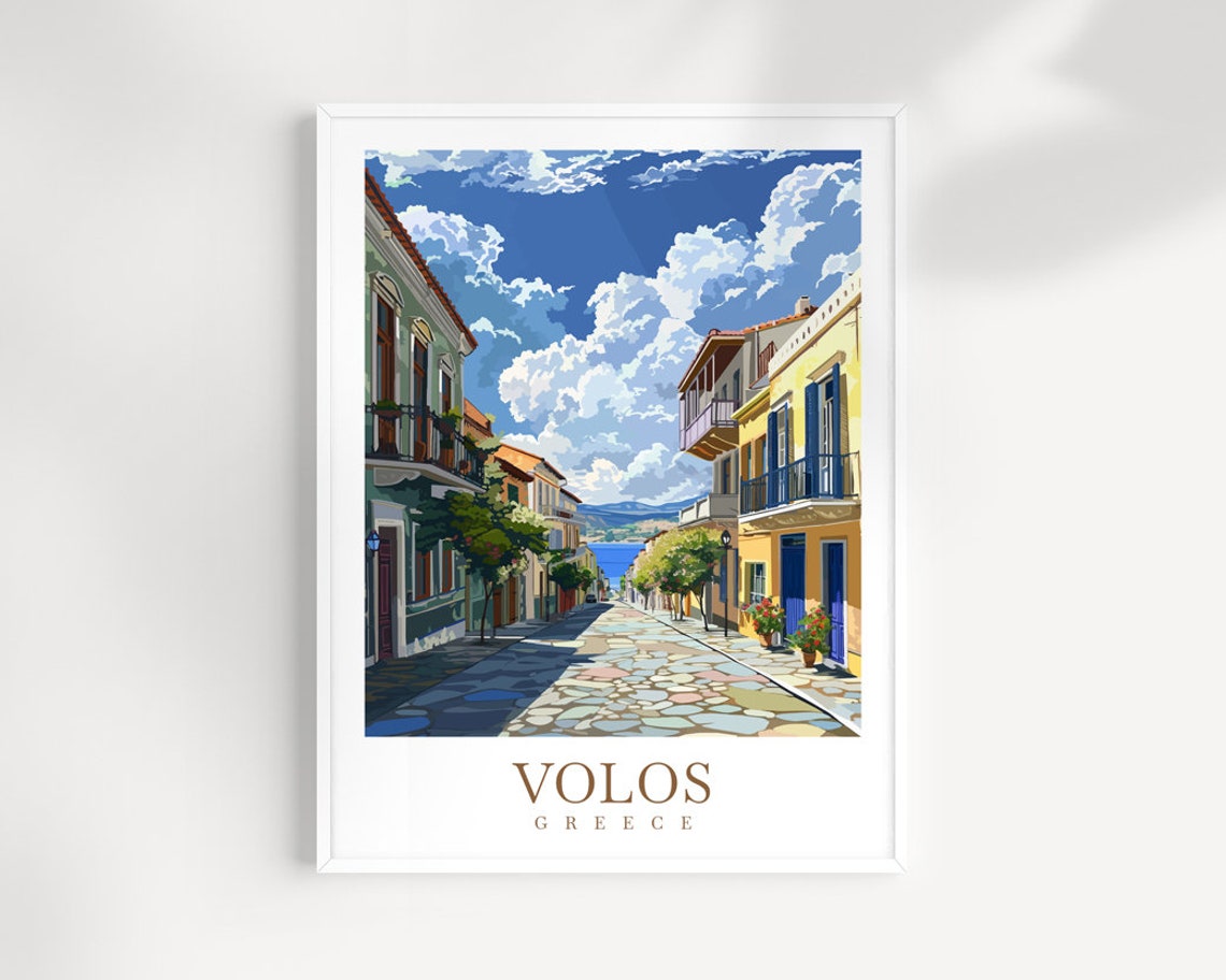 Volos Greece Cobbled Street Sloping Down to the Aegean Sea Poster