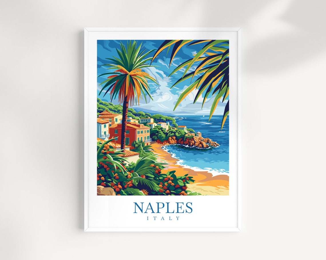 Naples Italy Lush Tropical Palm Beach Cove Illustration Poster