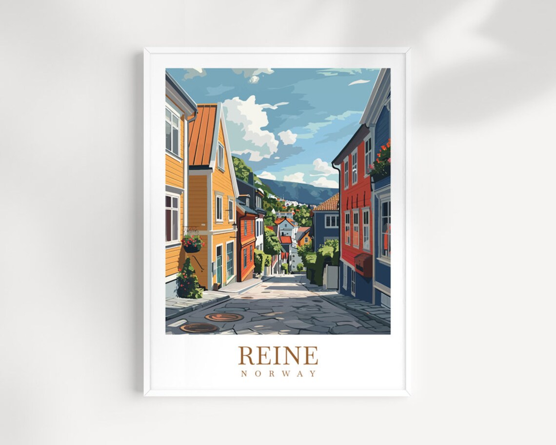 Reine Norway Colorful Wooden Houses Cobblestone Street Travel Poster