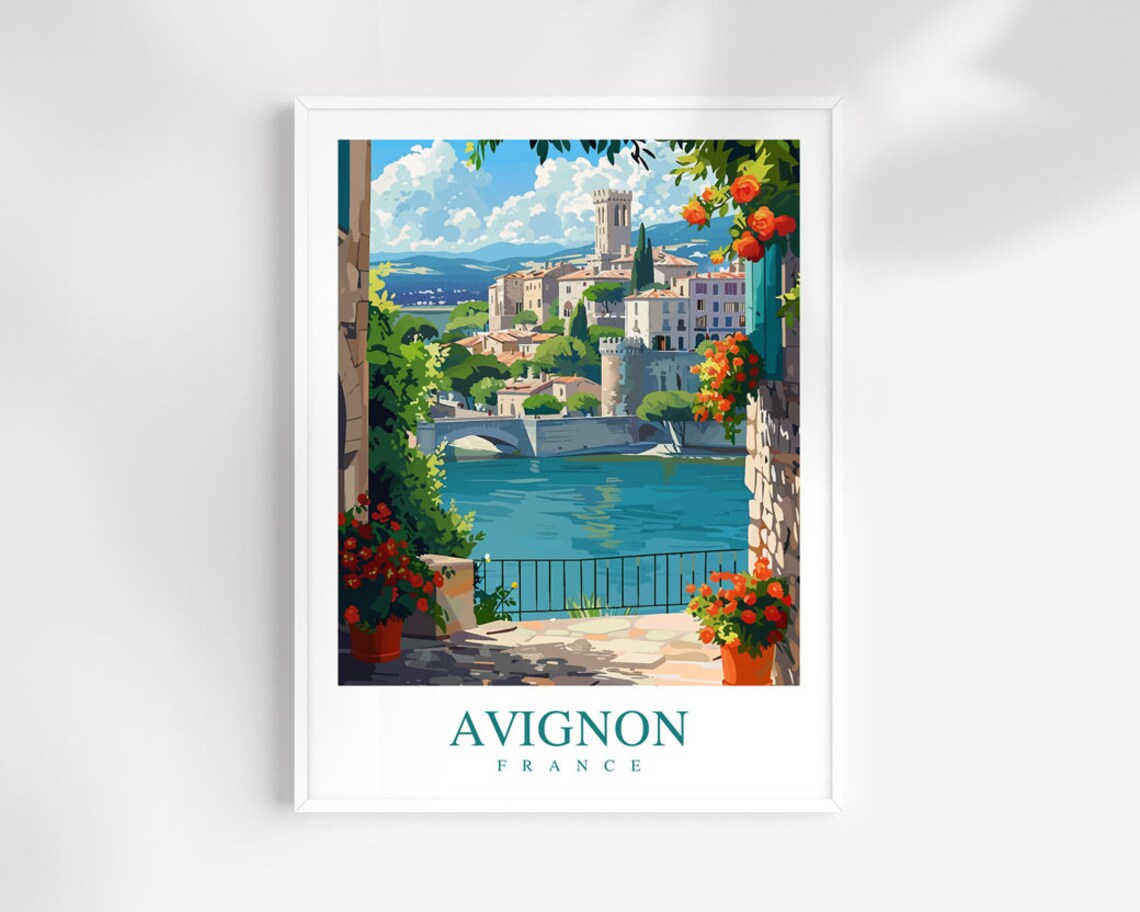 Avignon France River View Old Town Bridge Terrace Travel Poster