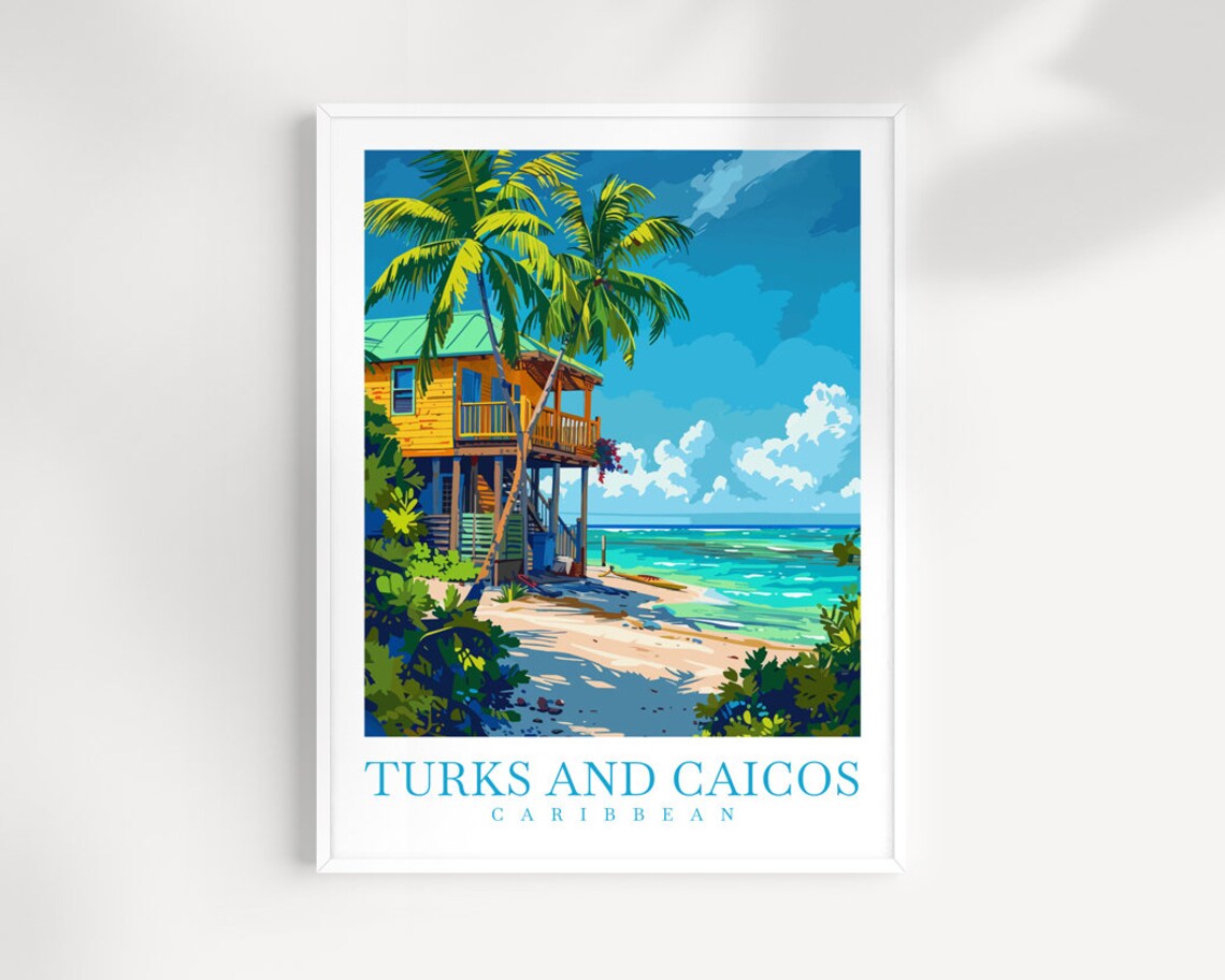 Turks And Caicos Caribbean Beach Cottage Palms Vista Scene Poster