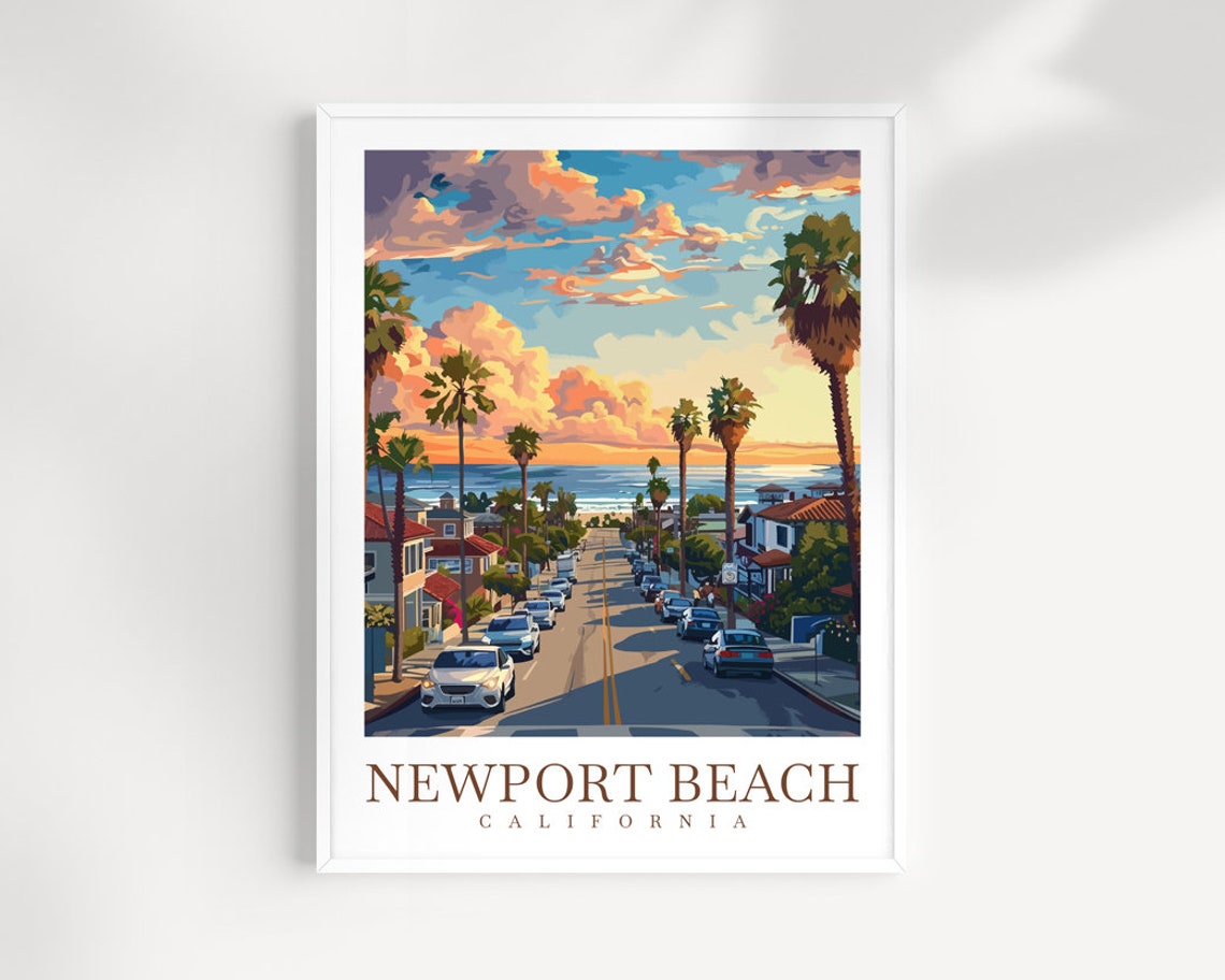 Newport Beach California Sunset Street Palms Ocean View Poster