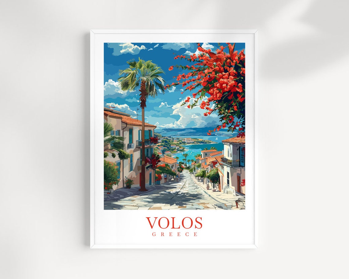 Volos Greece Steep Street Palm Bougainvillea Overlooking Bay Poster