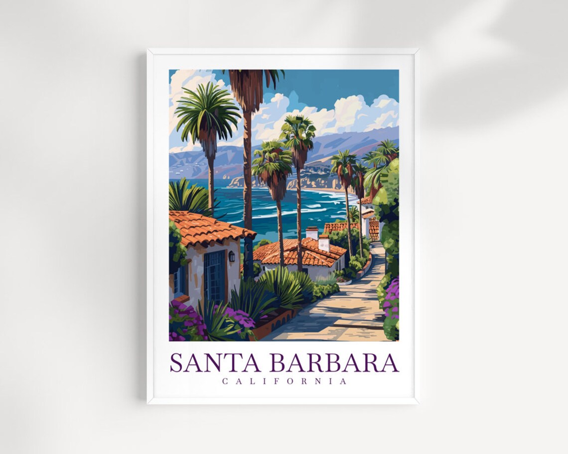 Santa Barbara California Coastal Terrace Red Tile Roof Travel Poster