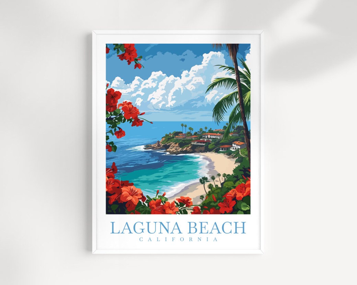 Laguna Beach California Cove Palm Cliff Hibiscus Travel Poster