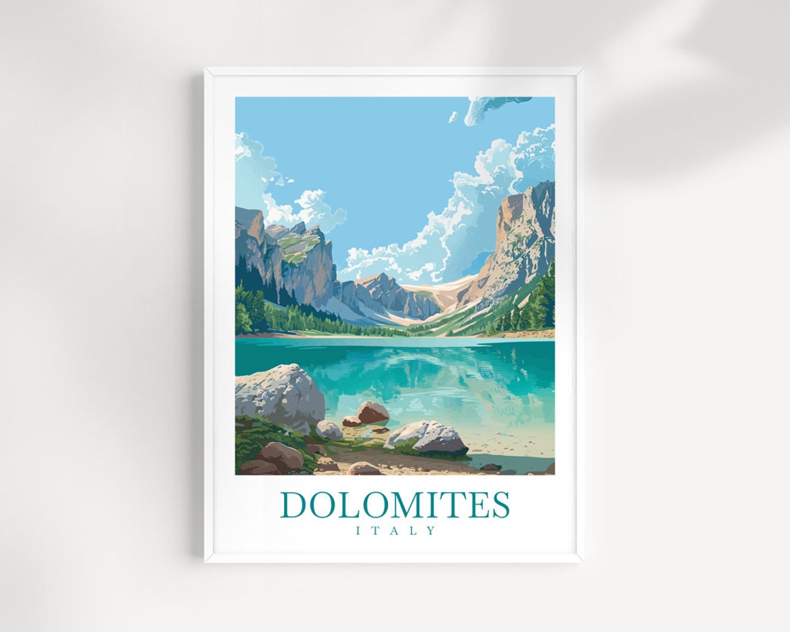 Dolomites Italy Turquoise Mountain Lake Clear Rocky Shores Poster