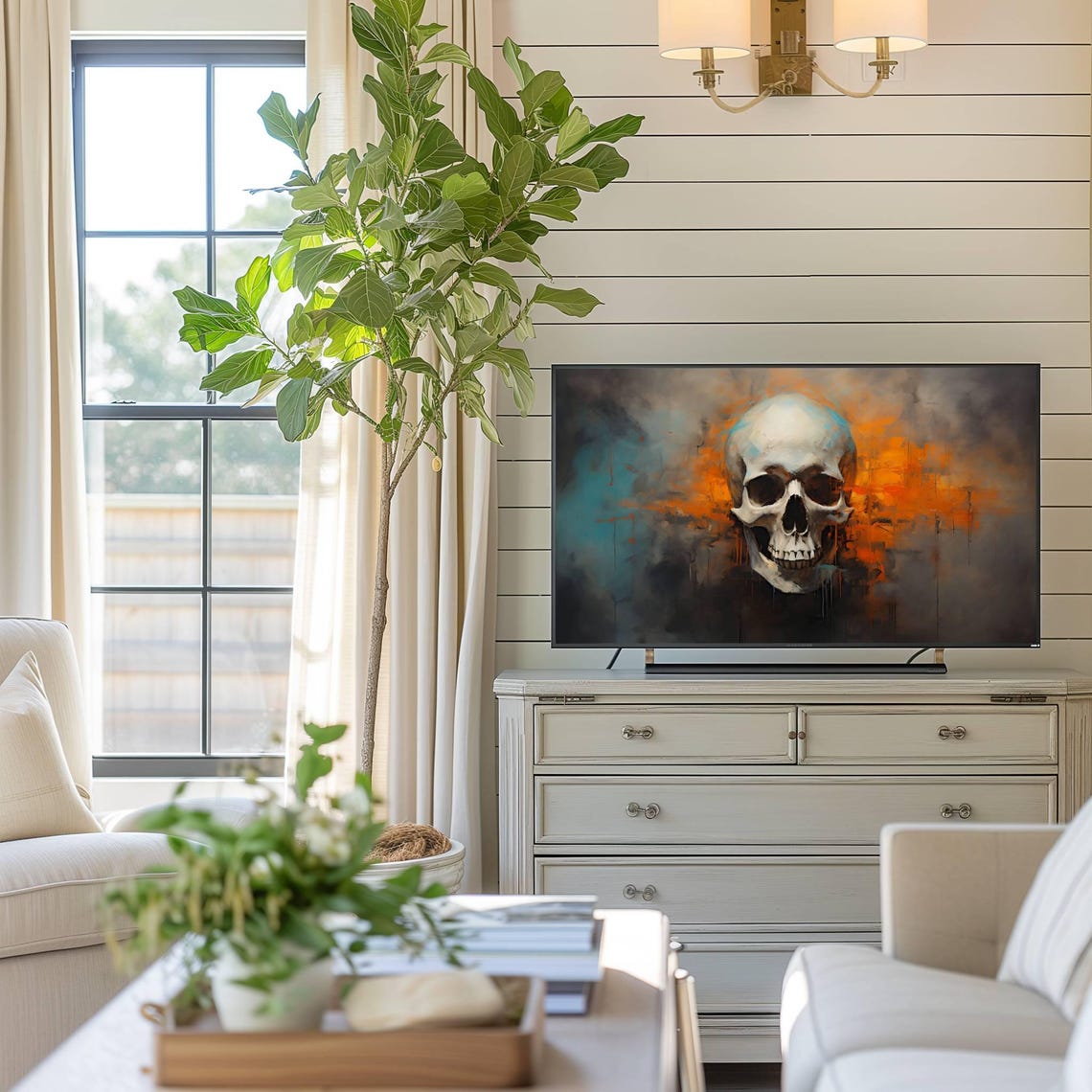 Painted Skull Abstract Orange Teal Modern Gothic Decor Poster - Image 2