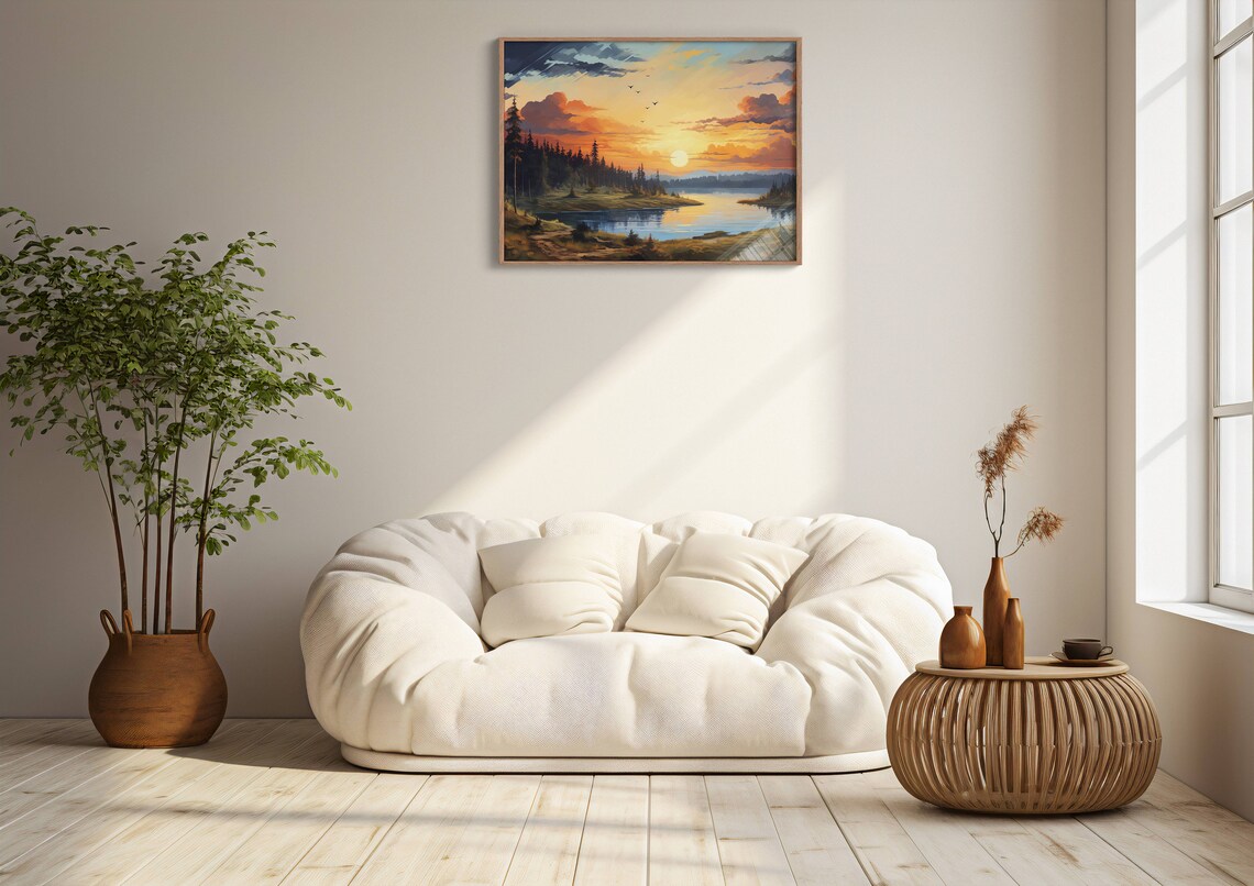 Vivid Sunset Over Forest Lake Birds Bold Clouds Colorful Nature Wall Art - Image 2
