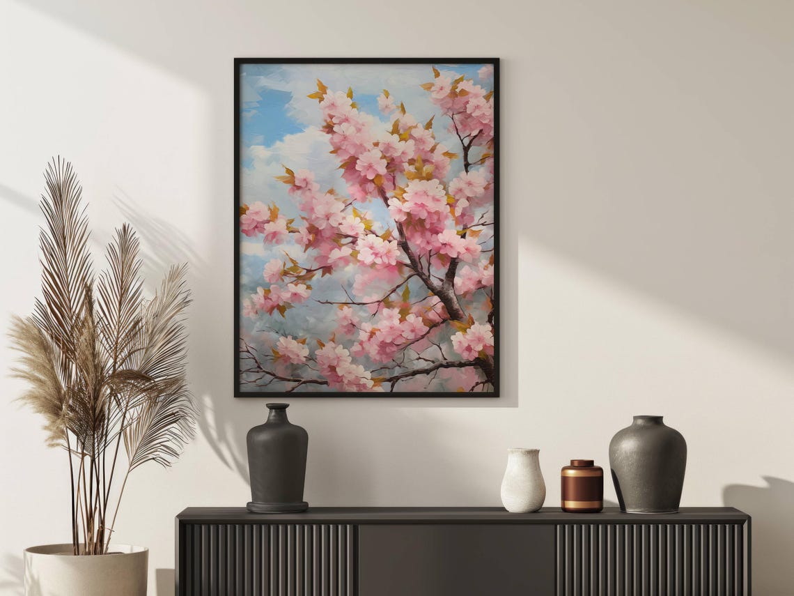 Cherry Blossom Tree in Full Bloom Blue Sky Impressionist Art Poster - Image 2