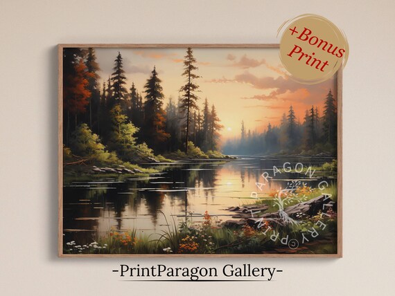 Sunset Over Pine Forest Lake Golden Glow Oil Painting Nature Wall Art