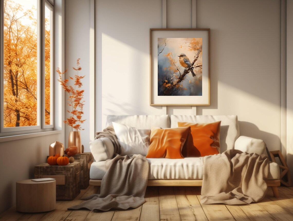 Little Songbird on a Branch Among Golden Autumn Leaves Wall Art - Image 2