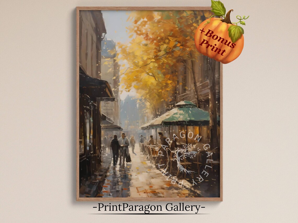 Rainy Autumn Cafe Street in a European City at Dusk Wall Art