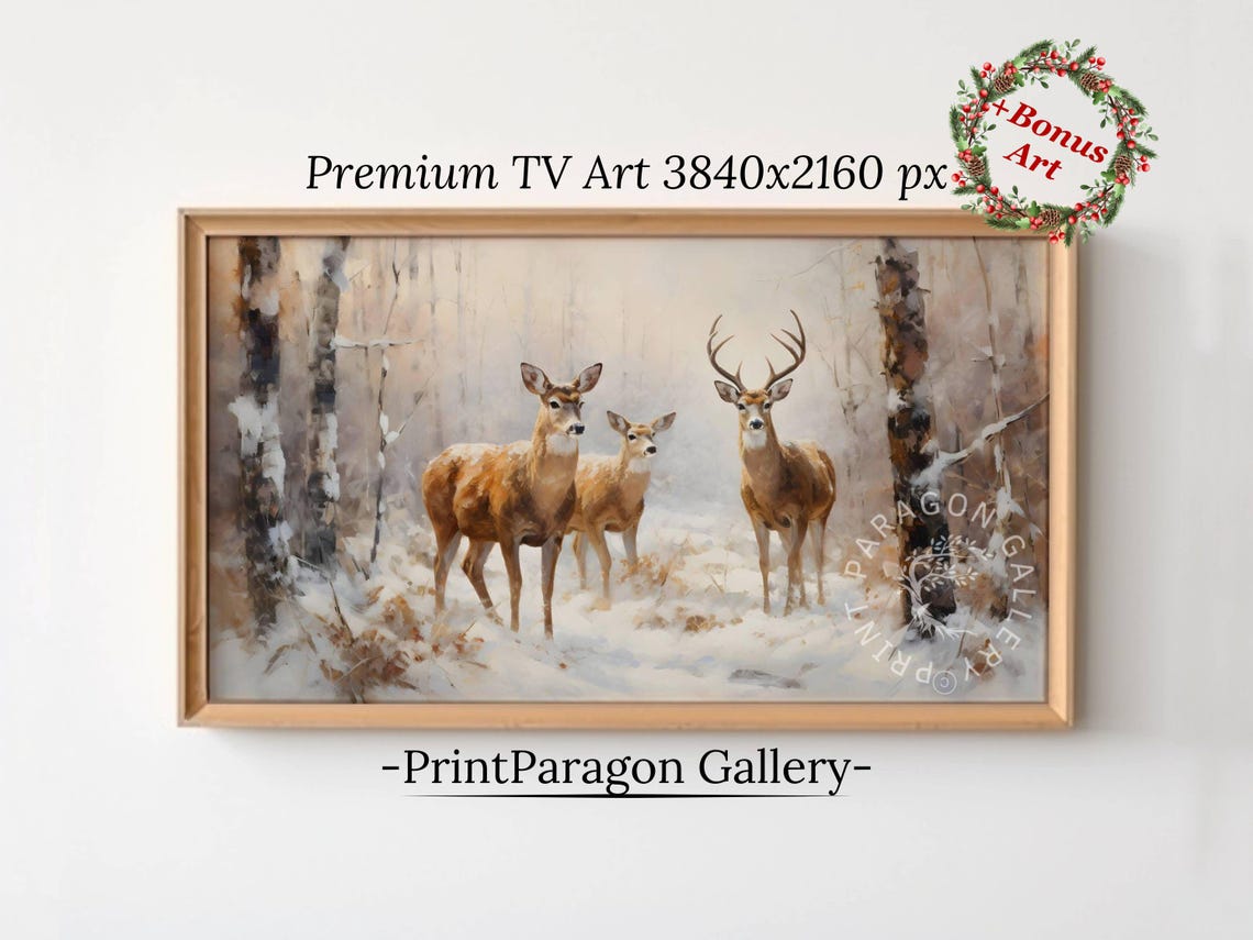 Winter Forest Deers Frame Tv Art Farmhouse Christmas Tv Art Winter Landscape Oil Painting Christmas Tv Home Decor Seasonal Wall Art