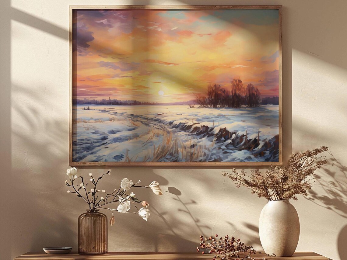 Winter Field Watercolor Sunset Painting Lavender Sky Snowy Path Poster - Image 2