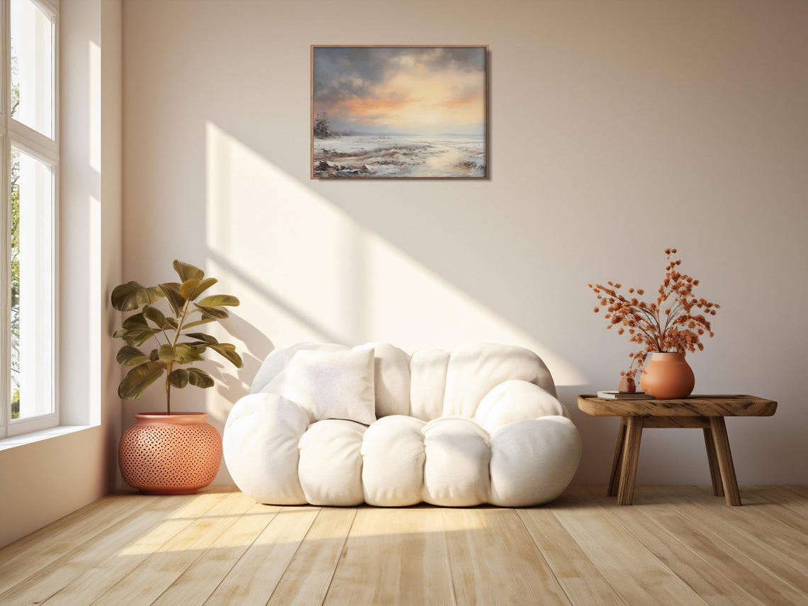 Snowy Winter Wetland at Sunrise Orange Clouds Frozen Shore Poster - Image 2