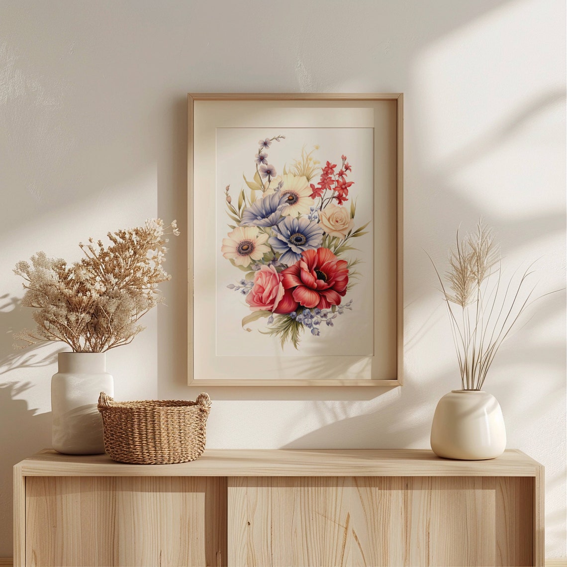 Colorful Anemone and Rose Bouquet Watercolor Botanical Poster - Image 2