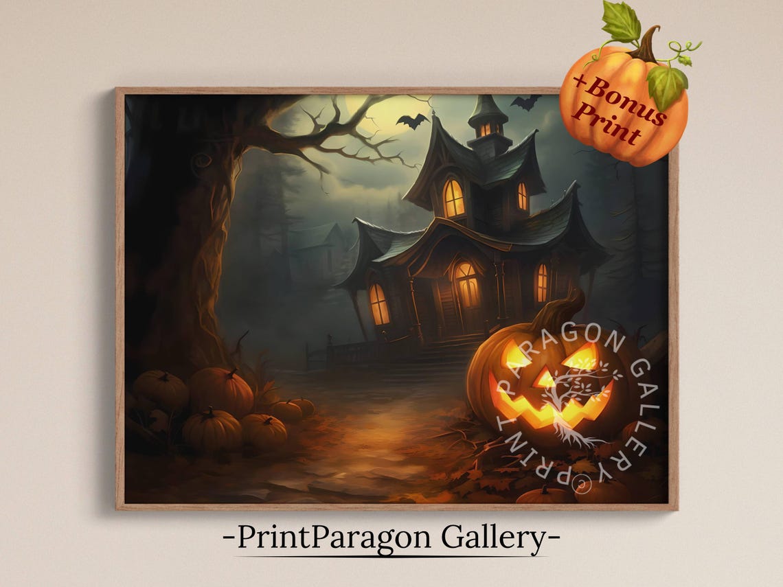 Haunted House At Night With Glowing Pumpkins And Bats Halloween Poster