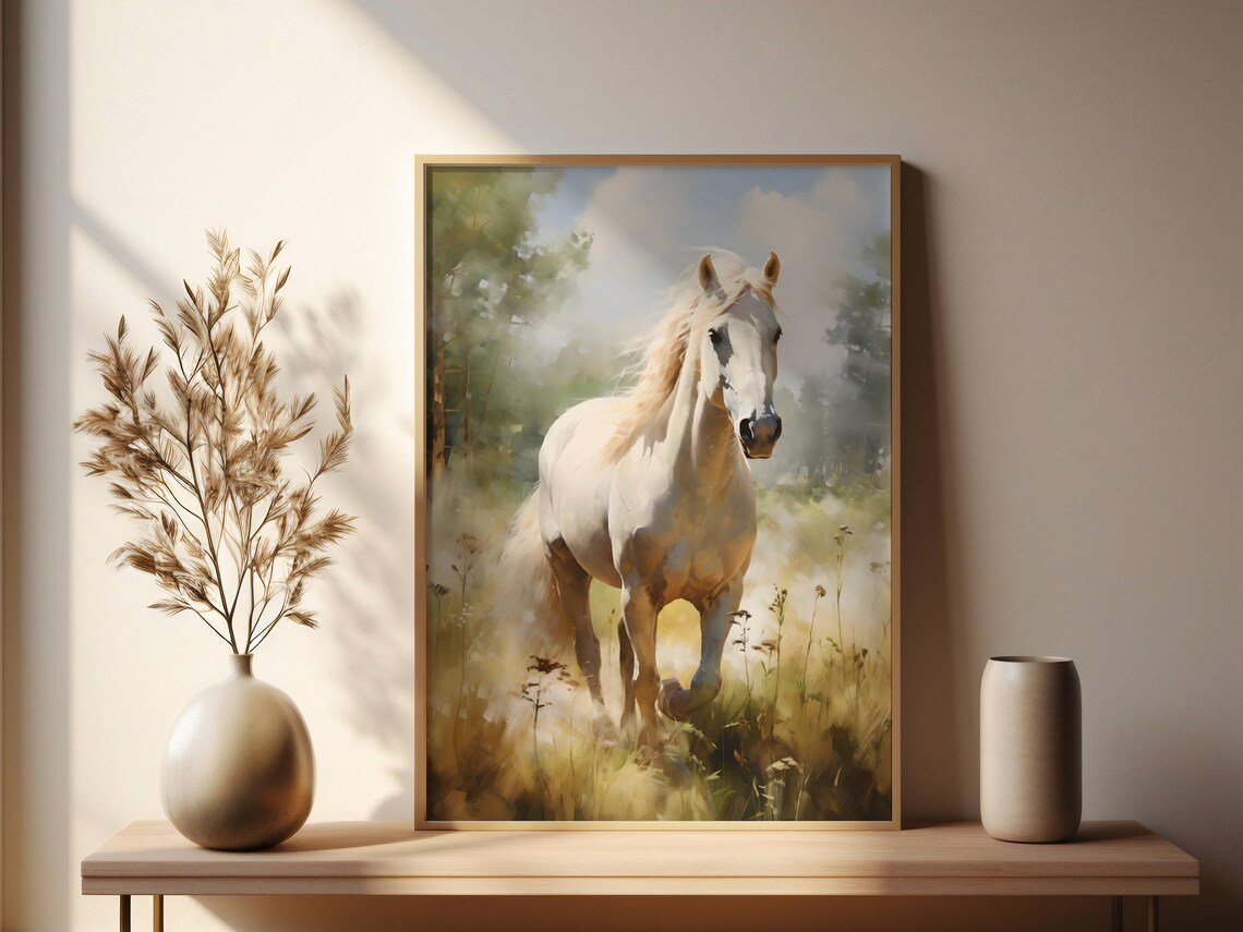 White Horse in Golden Meadow Graceful Equine Oil Painting Poster - Image 2