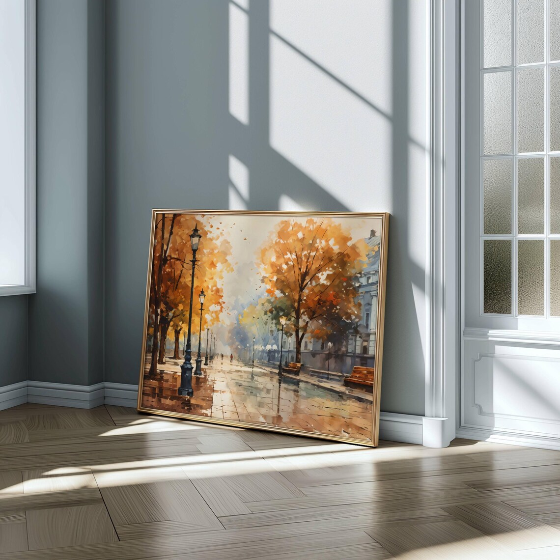 Rainy Autumn Street with Lampposts and Golden Trees Wall Art - Image 2