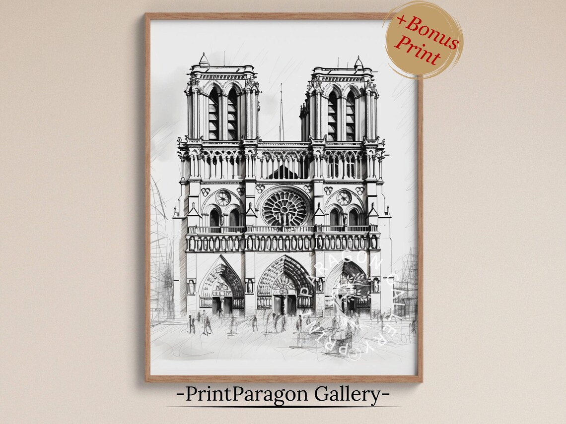 Notre Dame Cathedral Paris Ink Sketch Gothic Facade Rose Window Poster
